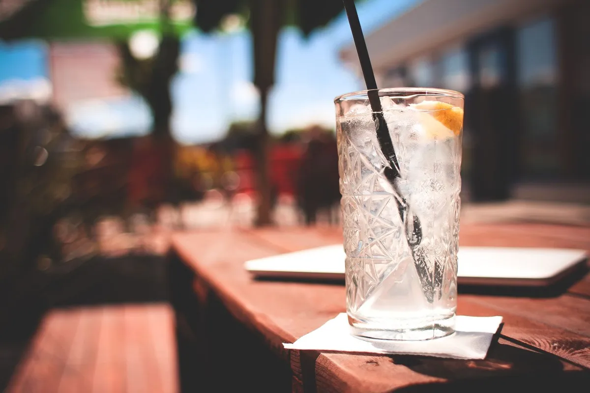 A cold gin and tonic with a lemon slice, the classic single-measure serve